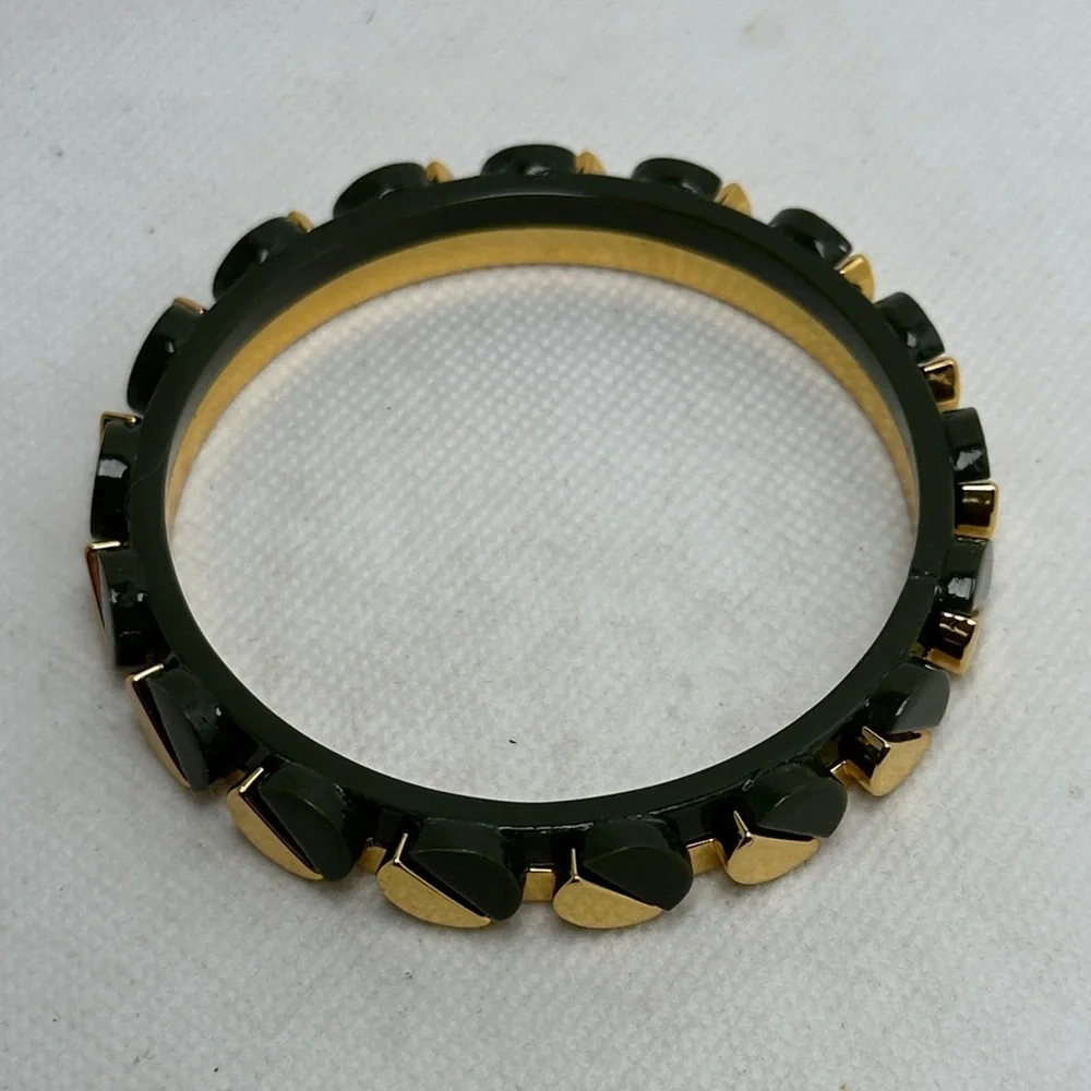 Tory Burch Gold & Dark Green Half-Moon Studded Bangle Bracelet - 2.5” EUC